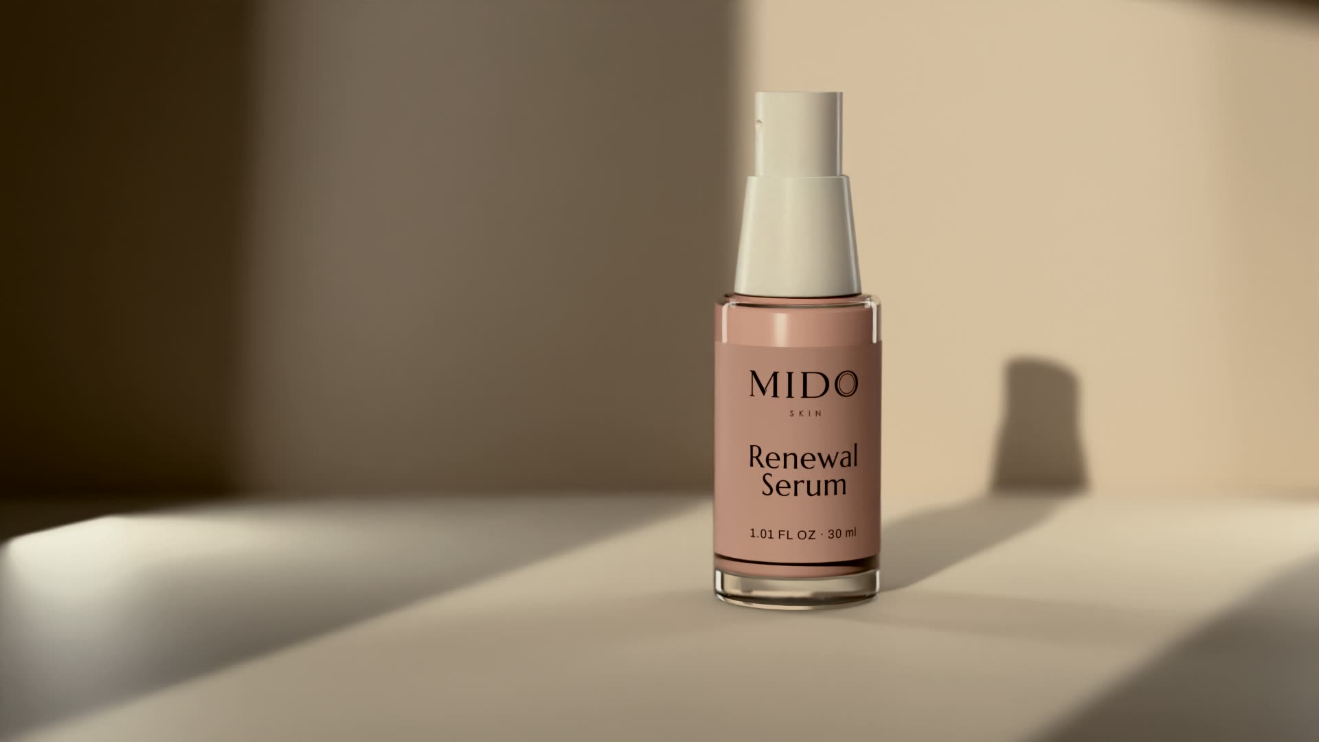 The MIDO Renewal Serum standing in a pool of morning sun on a honed limestone ledge, its shadow falling on the plaster wall behind.